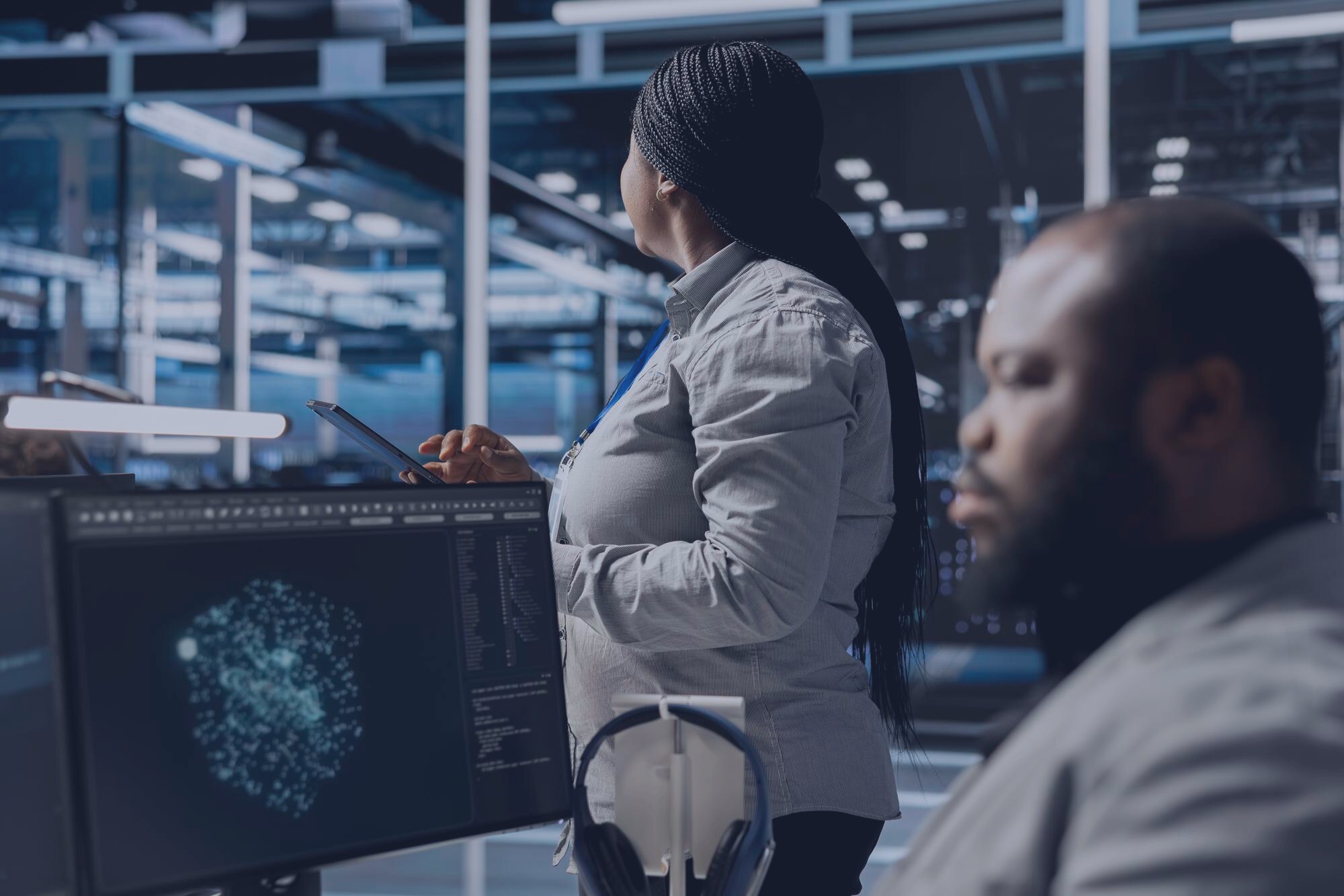 AI engineering team in a dark research and development office