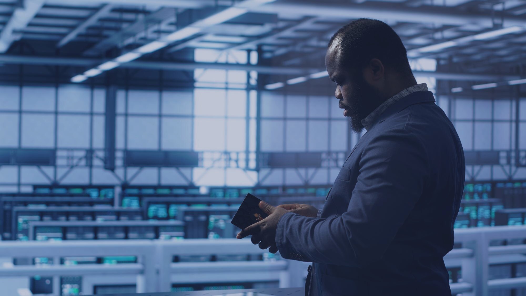 Utility executive in a power grid control room